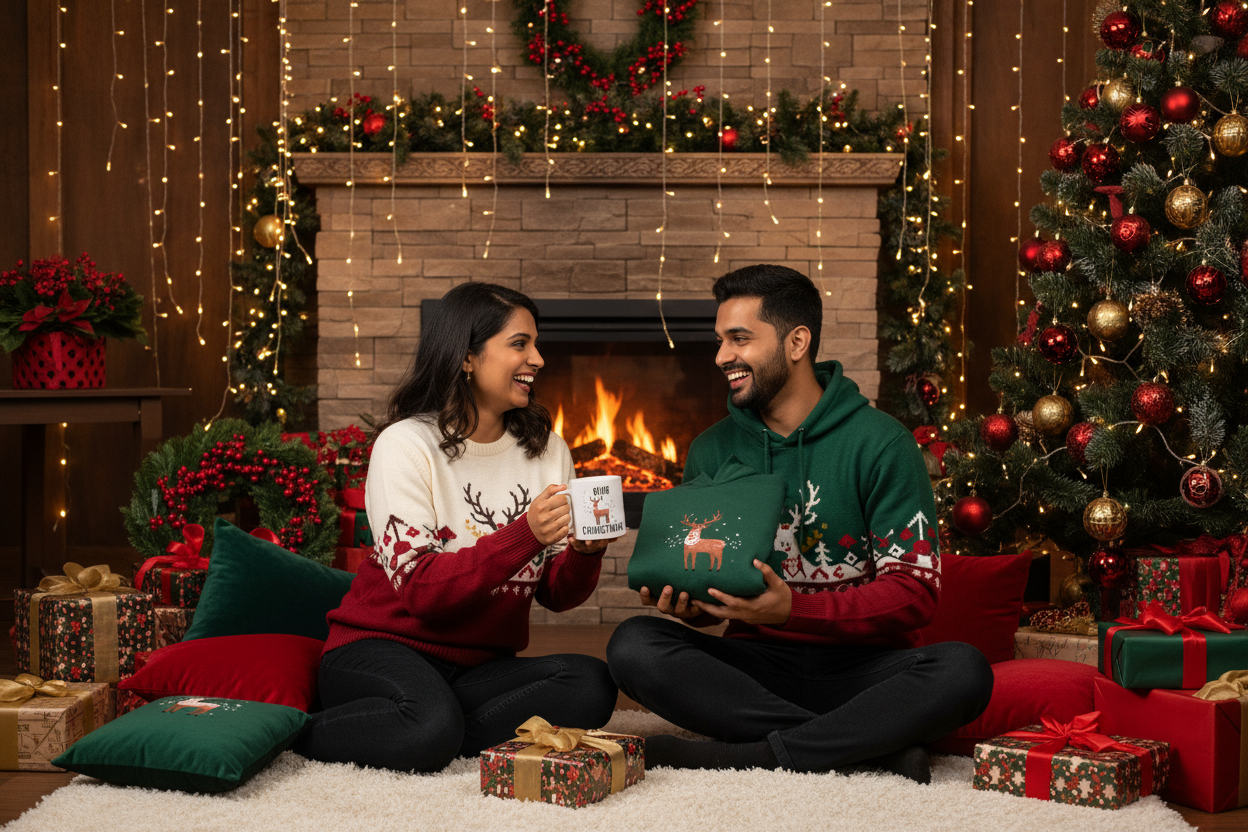 Personalised Christmas gifts banner India custom mugs and hoodies