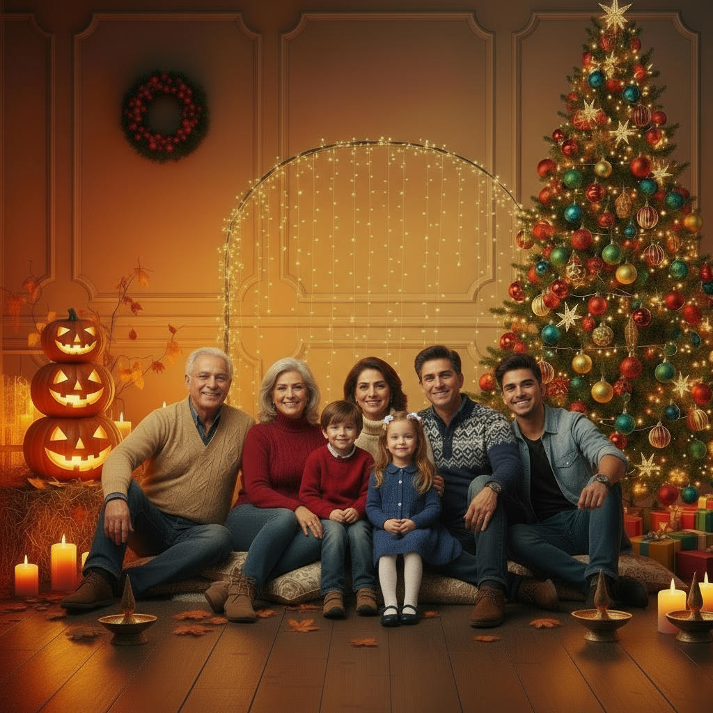 Halloween and Christmas gifts banner India festive lights and decorations.