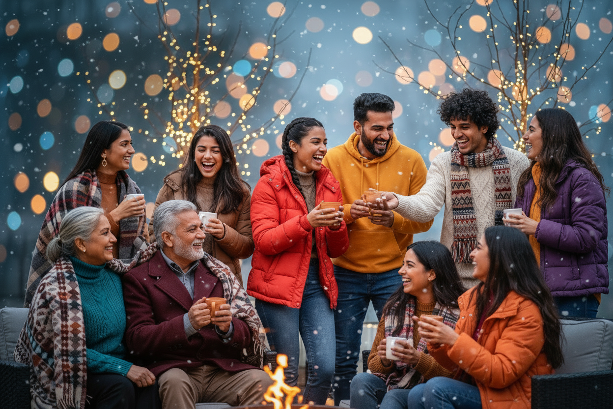 Winter collection banner India with warm jackets, hoodies and blankets.”