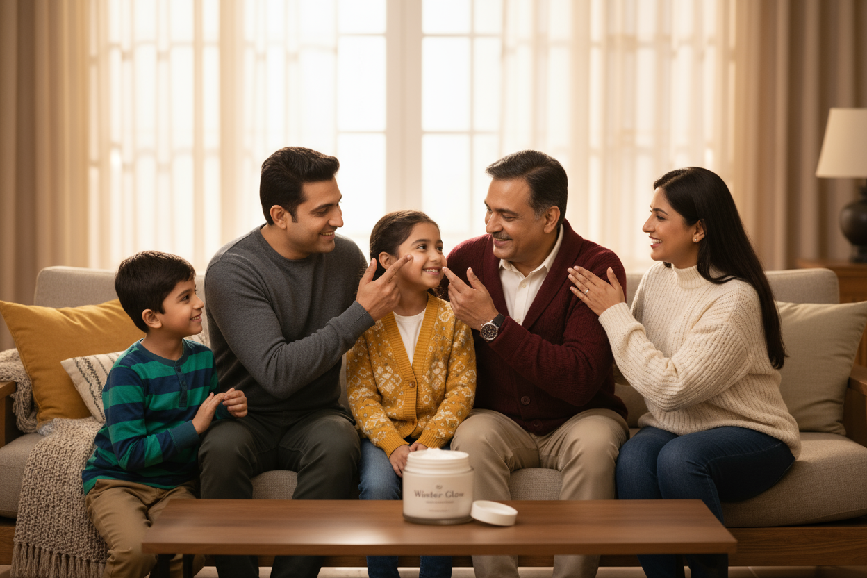 Winter skincare products banner India with moisturizers and lip balms.