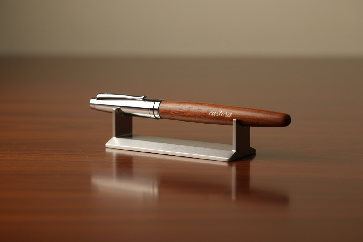 Close-up studio shot of a wooden desk with a polished wood pen on a small metal stand, subtle soft light, shallow depth of field, minimal background, premium gift photo style, custora text engraved on pen, high resolution.