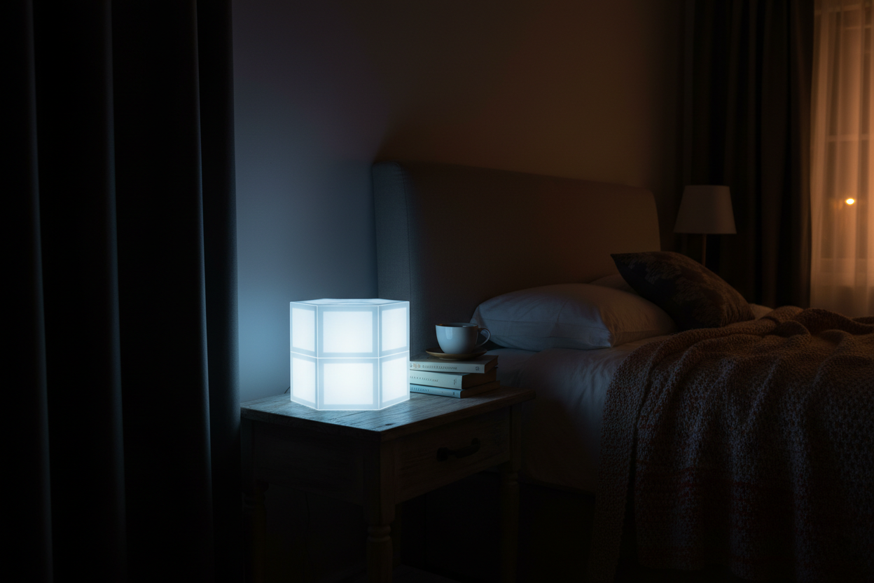 Dim ambient room lighting, photo cube on bedside table glowing soft LED light, blank photo surface visible, cozy mood, high resolution.