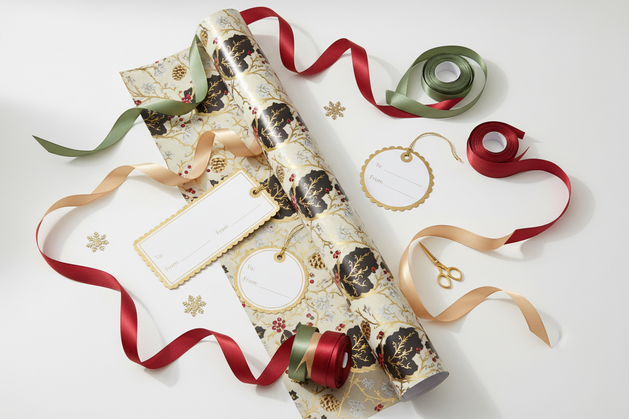 Gift wrapping paper, ribbon and tags combo.