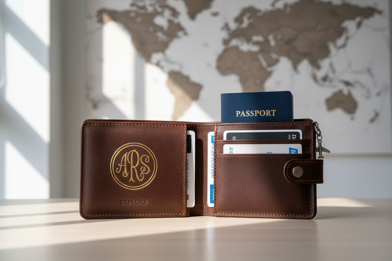 Lifestyle photo of a travel wallet open showing custom monogram embossing, world-map background blur, soft natural light, premium travel gift feel, high resolution.