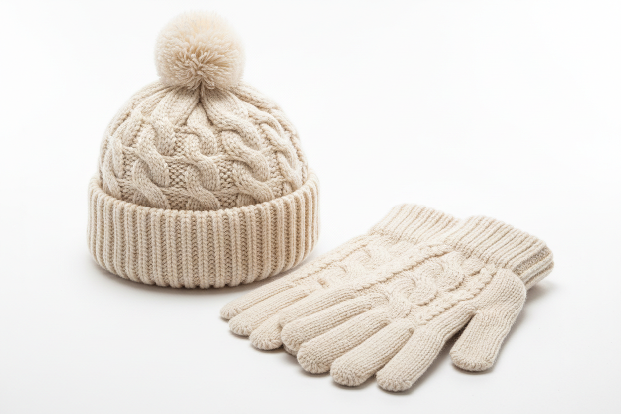 Matching beanie cap and gloves set for winter.