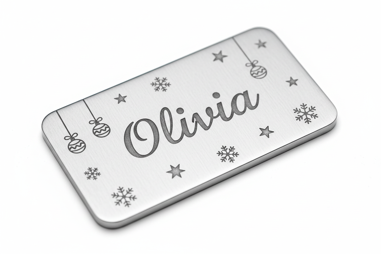Metal keychain with engraved name and festive design.