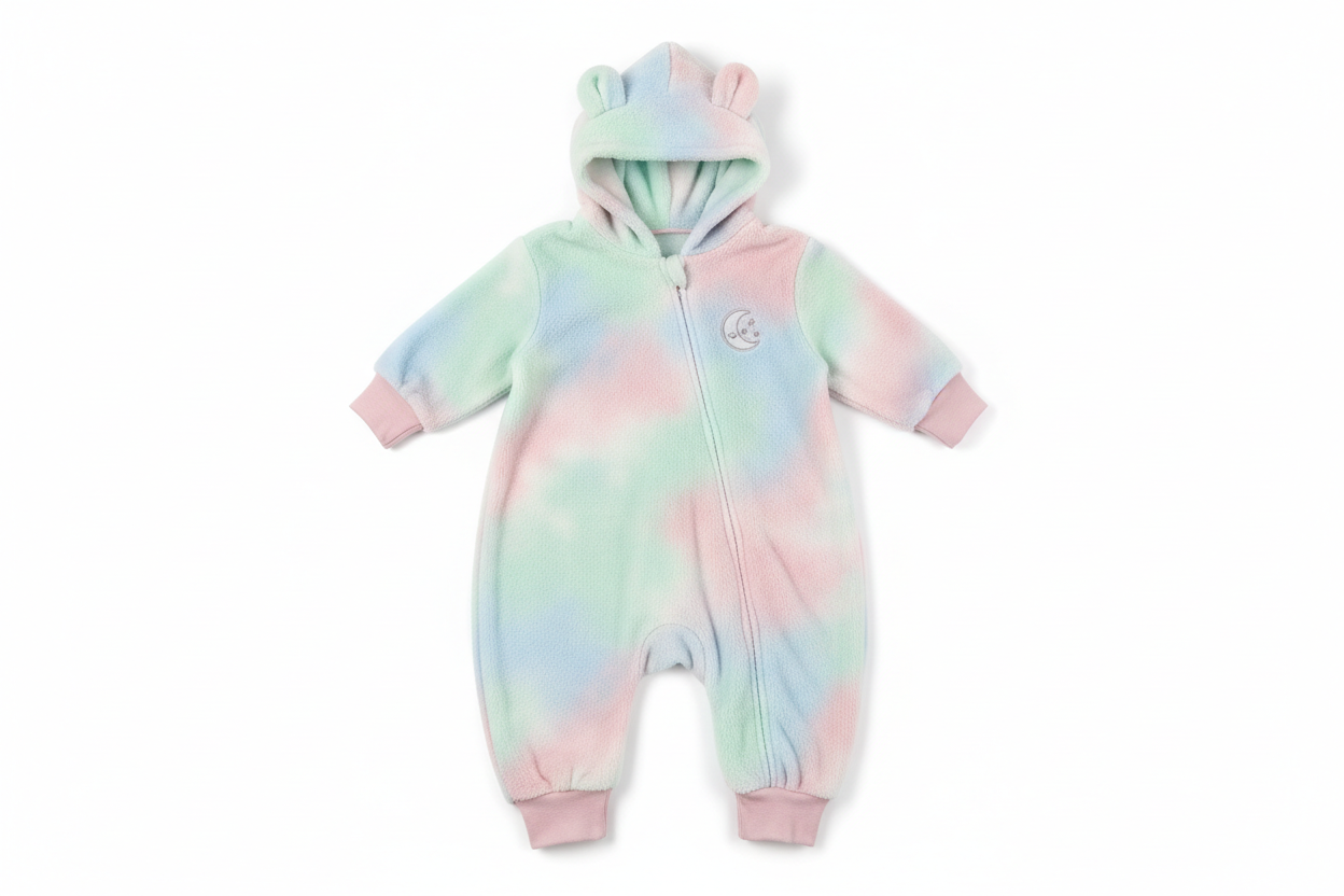 One-piece fleece romper for babies with hood.