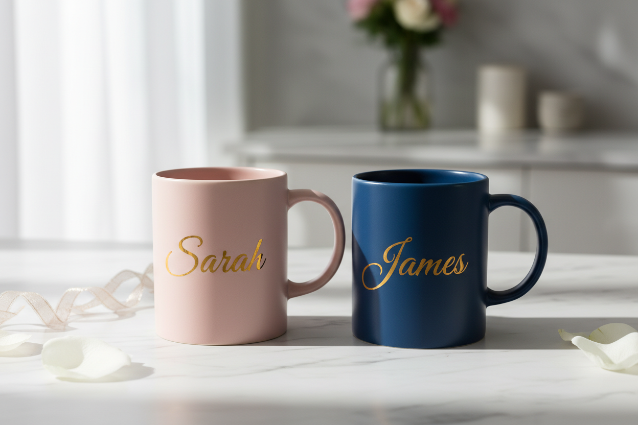 Pair of mugs designed for couples with names.