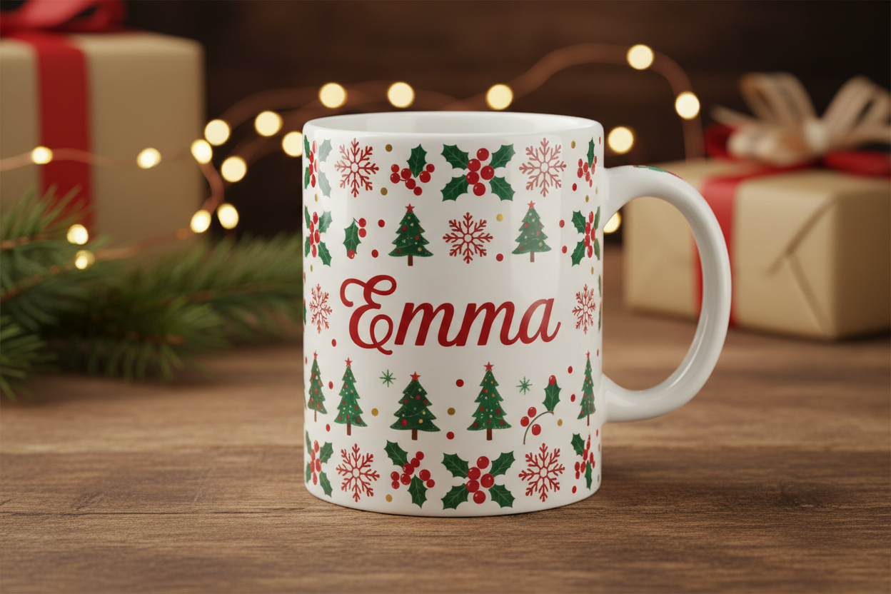 Personalised ceramic mug with Christmas design and name.