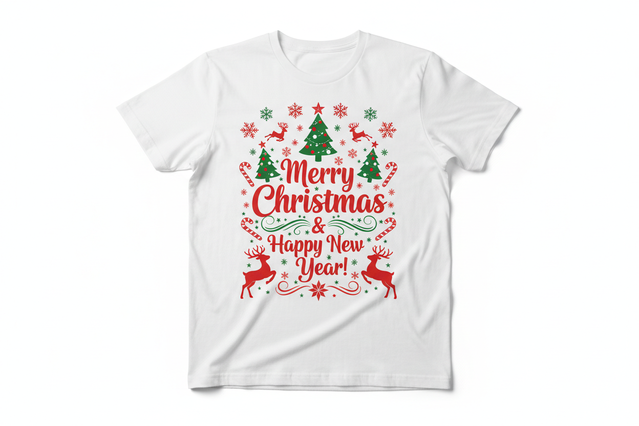 Printed Christmas themed t-shirt with custom text.