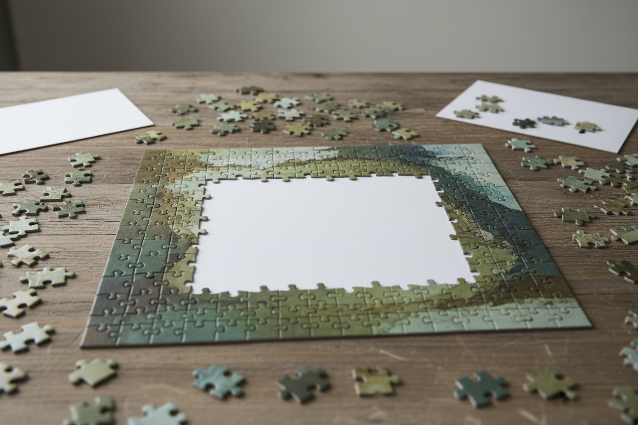 Puzzle half-assembled on a wooden table, photo image area visible but blank design, finished pieces edged by unused pieces, neutral background, high resolution.