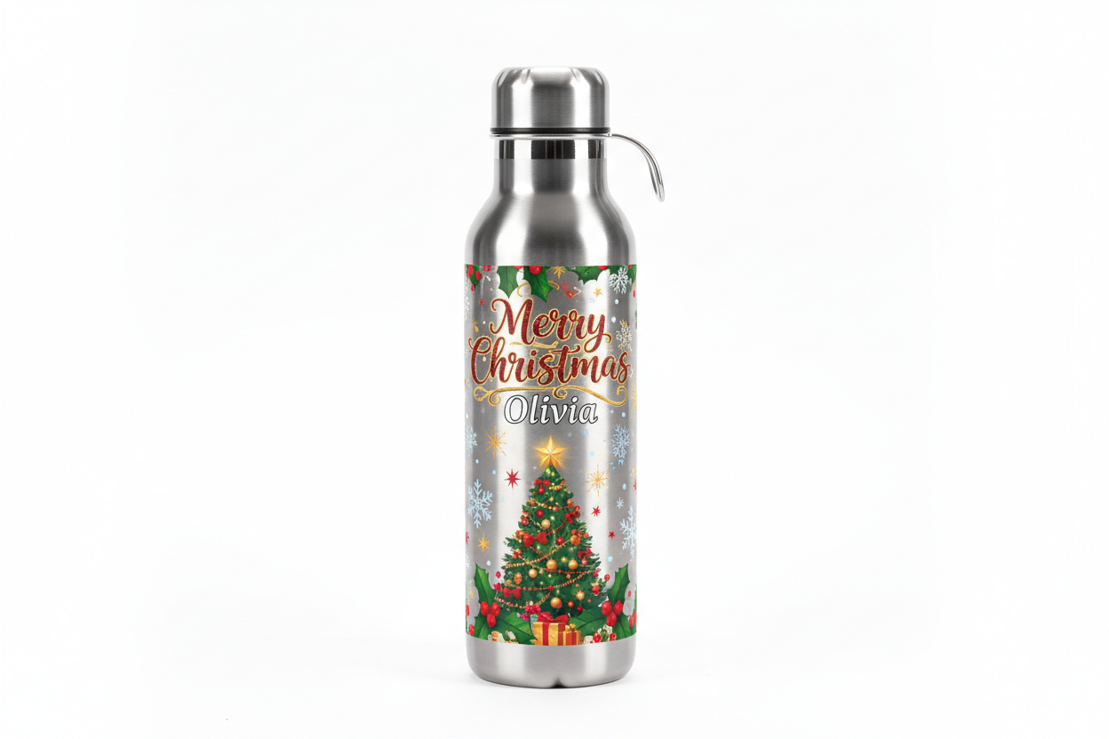 Stainless steel sipper with Christmas artwork and name.