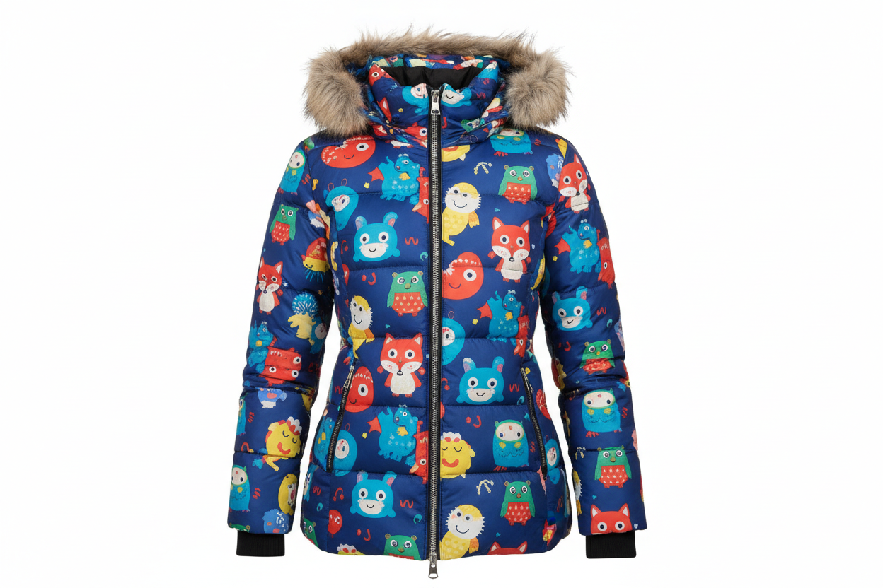Stylish winter coat with character prints.