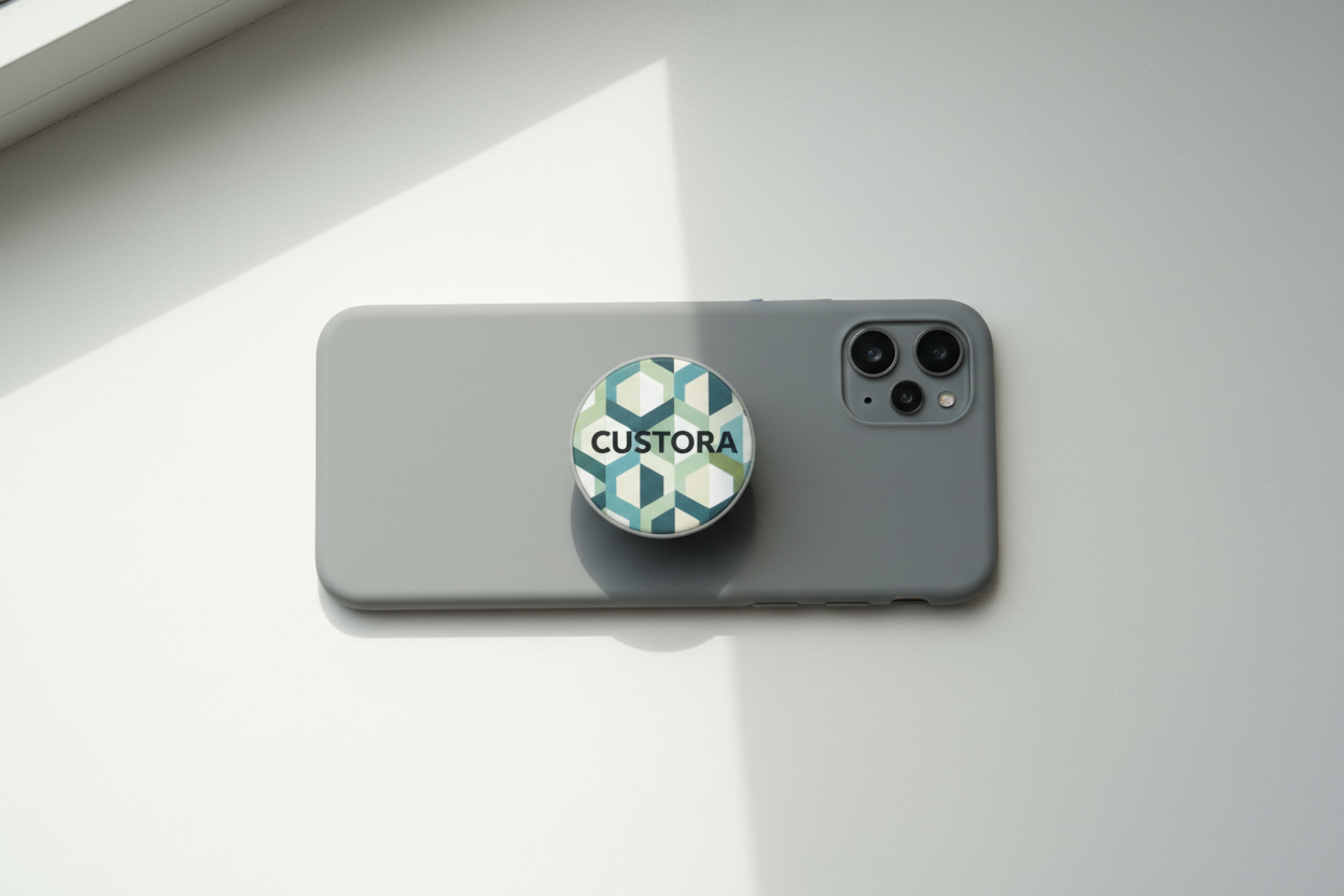 Top-down shot of a smartphone lying flat with a custora pop-socket attached, clean white background, soft light, phone case neutral colour, high resolution, no visible text.