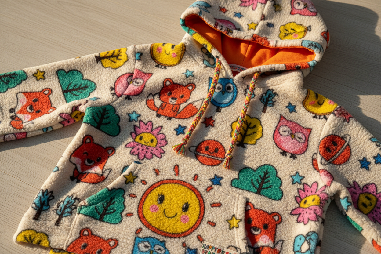 Warm hoodie with fun cartoon prints.