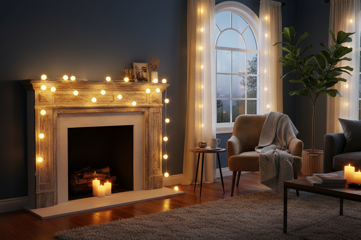 Warm LED string lights for indoor décor.